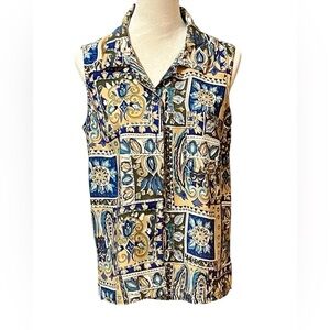 Rebecca Malone Womens Blouse L Blue And Gold Floral Print Rayon